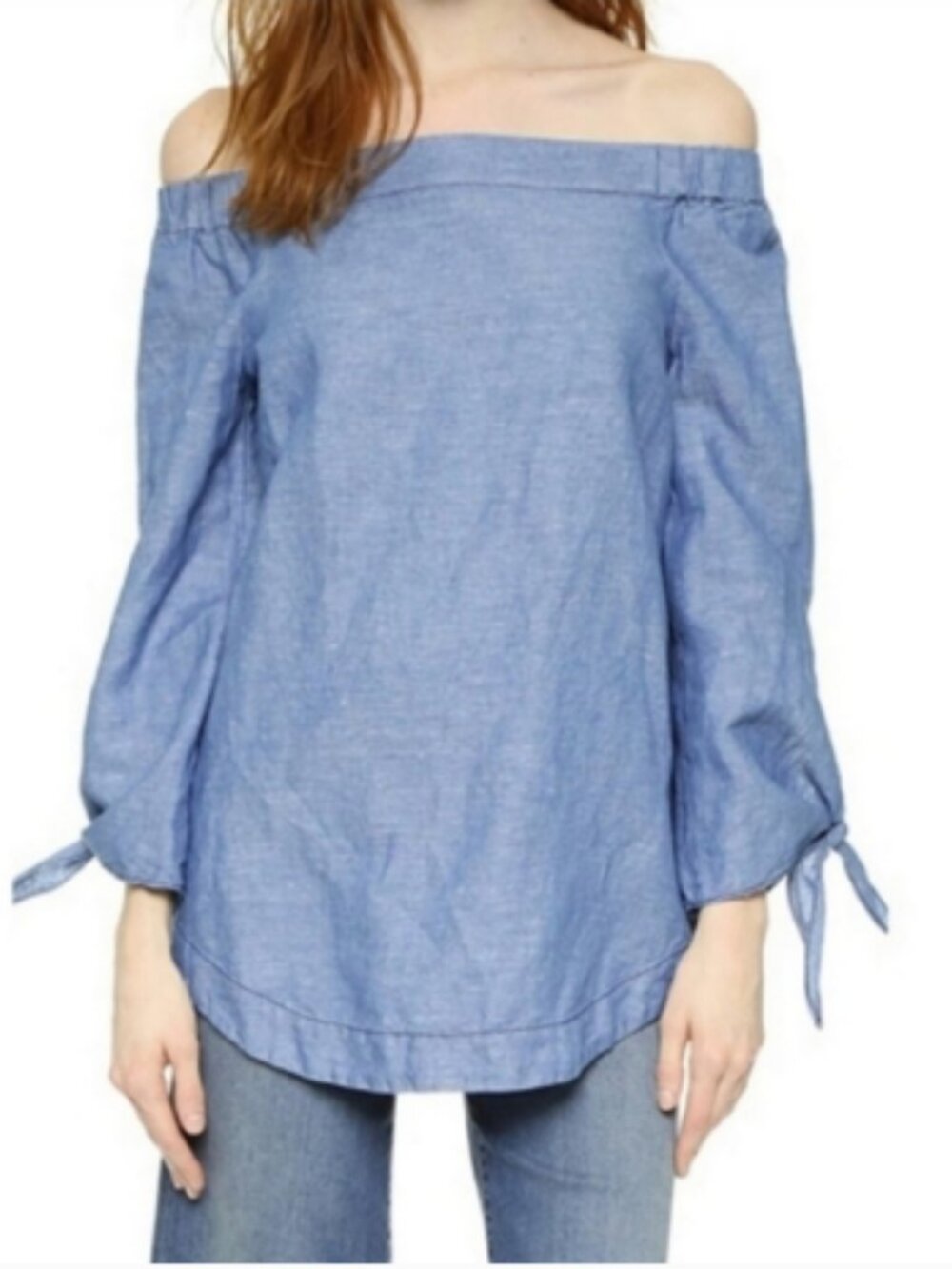 Free People Size L Show Some Shoulder Linen Chambray Top Tie Sleeves Blouse Blue